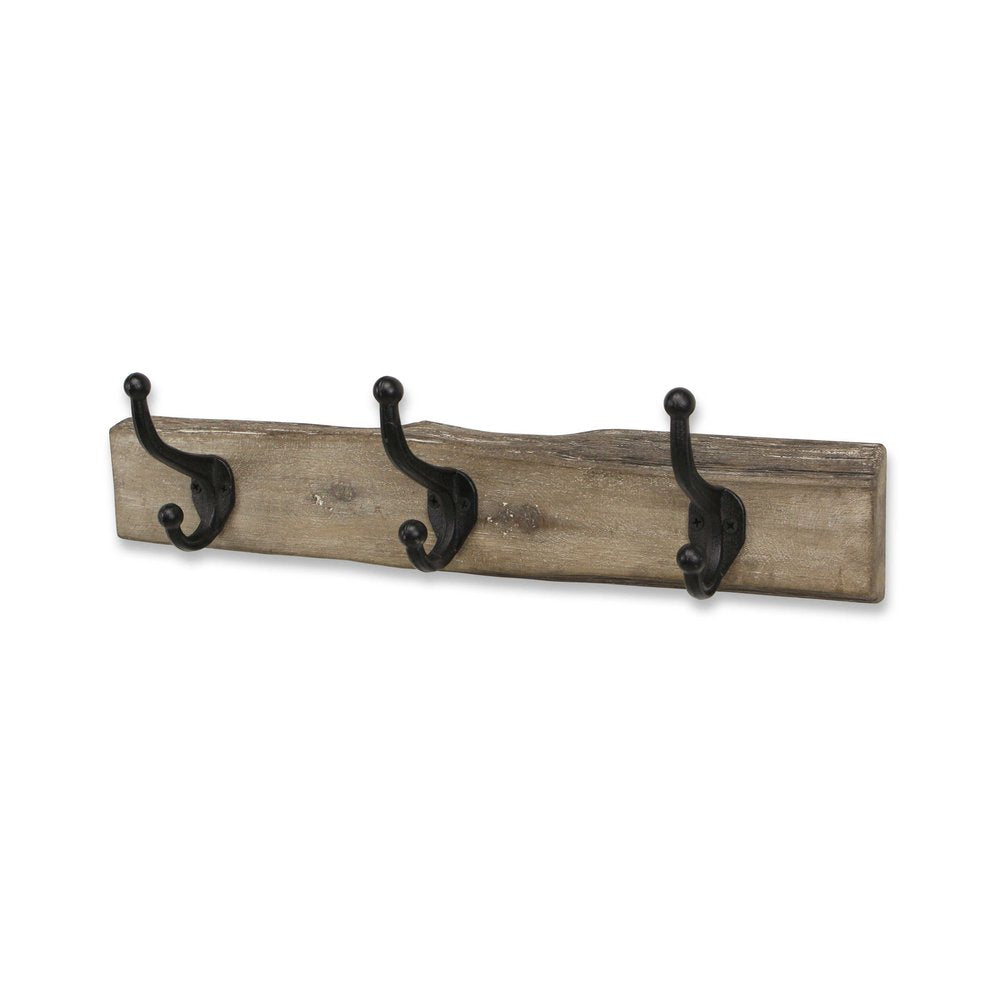 19" Brown Natural Rustic Live Edge Wood Three Hook Wall Mount Coat Rack