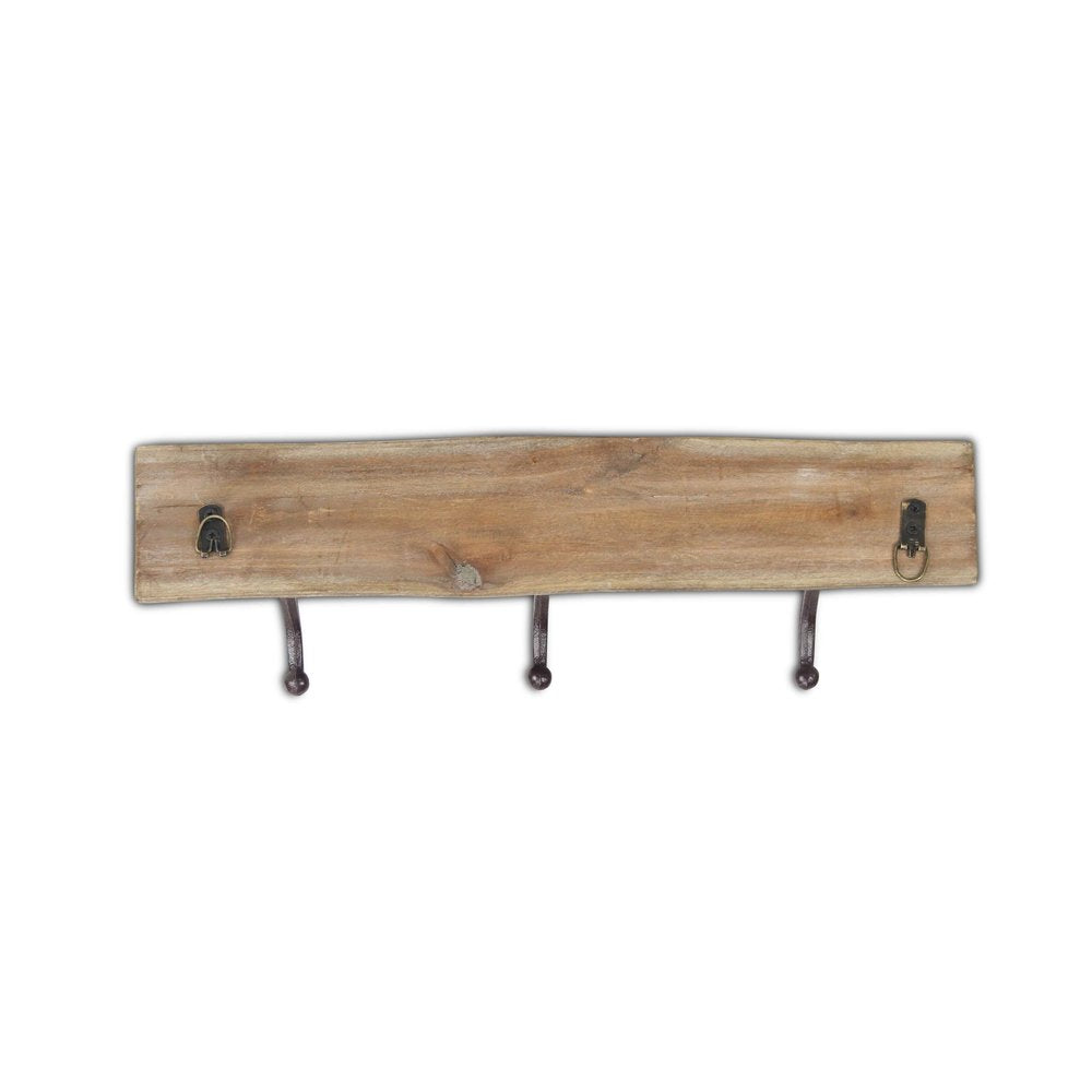 19" Brown Natural Rustic Live Edge Wood Three Hook Wall Mount Coat Rack
