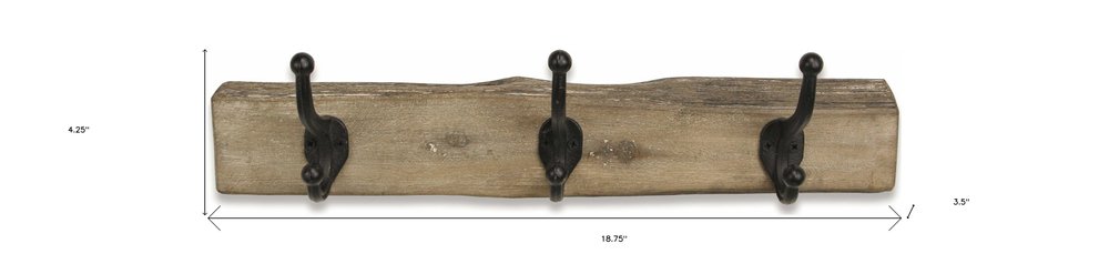 19" Brown Natural Rustic Live Edge Wood Three Hook Wall Mount Coat Rack