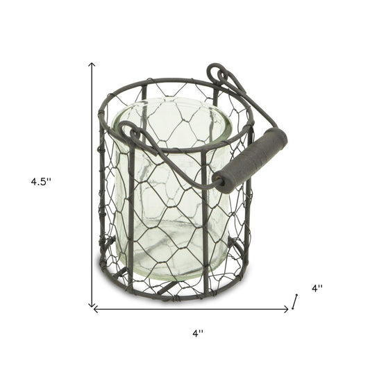5" Clear And Brown Metal Tabletop Lantern Candle Holder