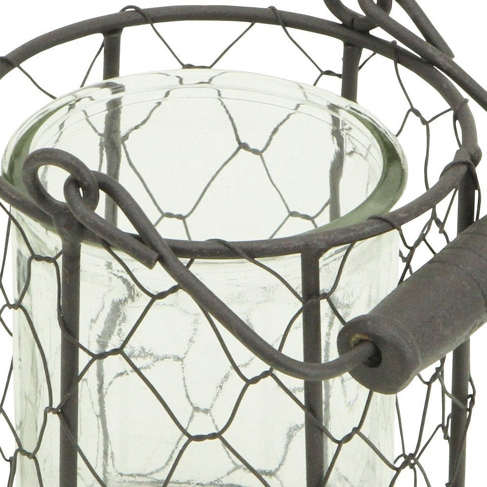 5" Clear and Brown Metal Tabletop Lantern Candle Holder