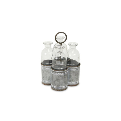Set of Four Clear Galvanized Metal and Glass Decorative Bottle Tabletop Sculpture