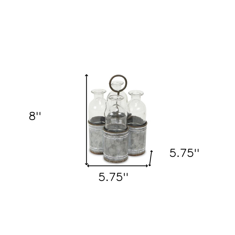 Set of Four Clear Galvanized Metal and Glass Decorative Bottle Tabletop Sculpture