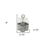 Set of Four Clear Galvanized Metal and Glass Decorative Bottle Tabletop Sculpture
