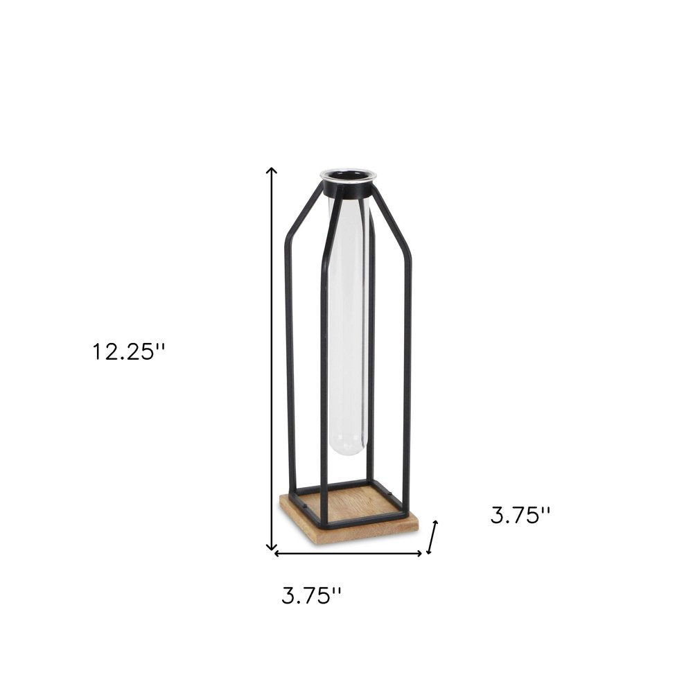 12" Black Clear And Natural Metal Glass And Wood Posy Test Tube Table Vase