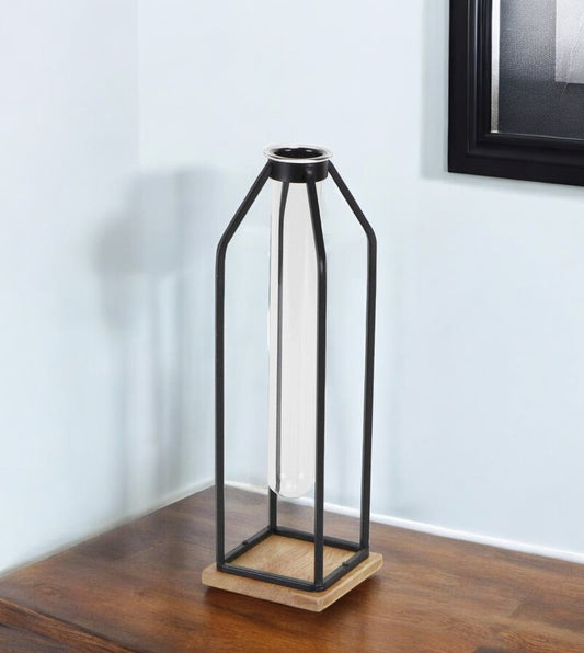 12" Black Clear And Natural Metal Glass And Wood Posy Test Tube Table Vase