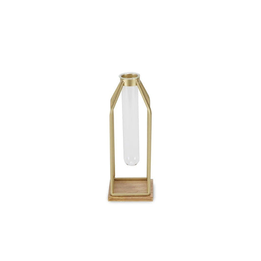 11" Gold Clear And Natural Metal Glass And Wood Test Tube Table Vase