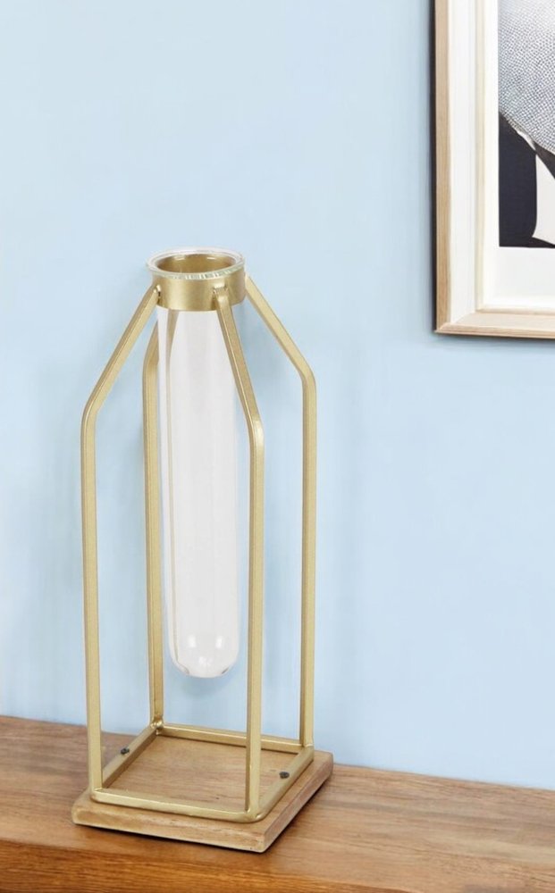 11" Gold Clear And Natural Metal Glass And Wood Test Tube Table Vase