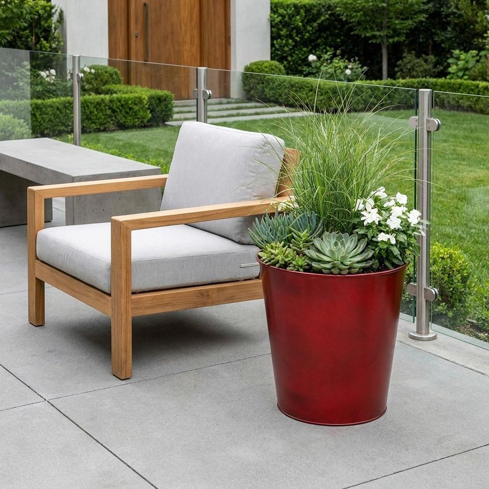 5" Red Recycled Plastic Indoor Outdoor Round Pot Planter