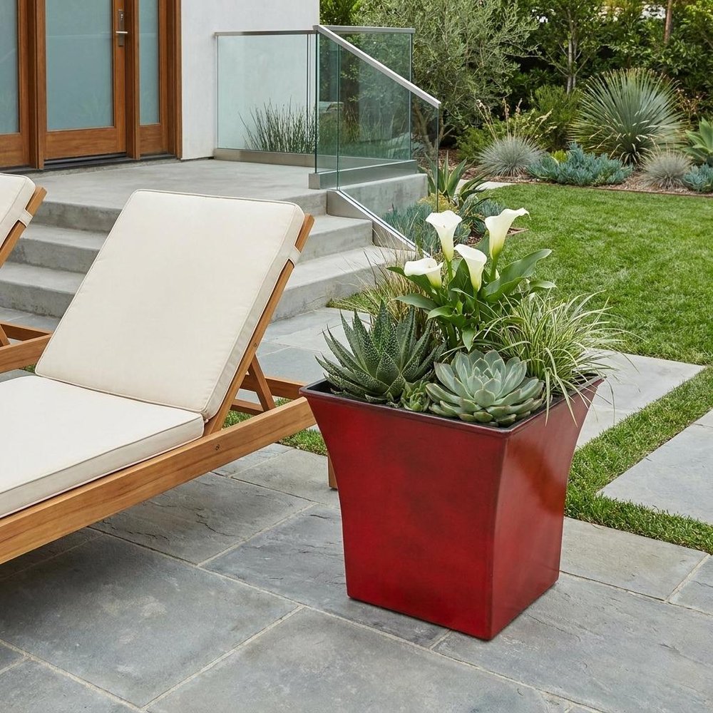 7" Red Recycled Plastic Indoor Outdoor Square Pot Planter