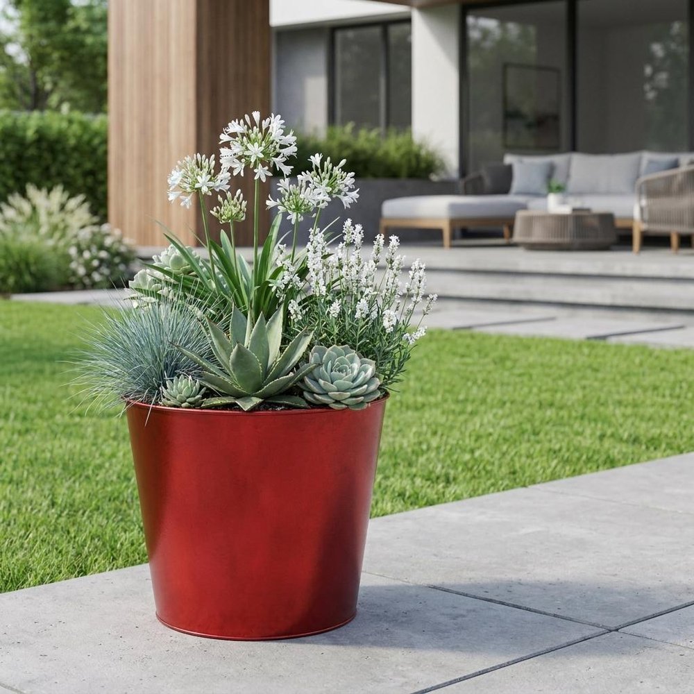 5" Red Recycled Plastic Indoor Outdoor Round Pot Planter