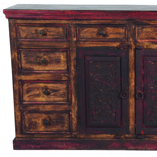 72" Brown And Red Distressed Solid Wood Carved Scrollwork Ten Drawer Buffet Table with Two Doors