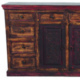 72" Brown And Red Distressed Solid Wood Carved Scrollwork Ten Drawer Buffet Table with Two Doors