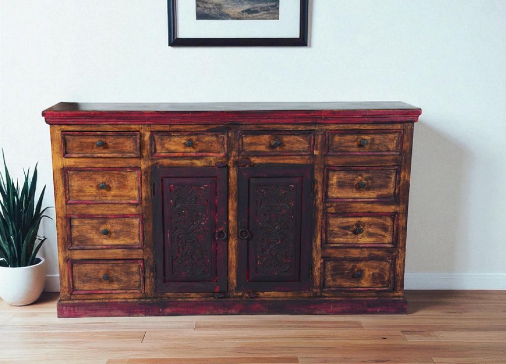 72" Brown And Red Distressed Solid Wood Carved Scrollwork Ten Drawer Buffet Table with Two Doors