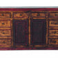72" Brown And Red Distressed Solid Wood Carved Scrollwork Ten Drawer Buffet Table with Two Doors