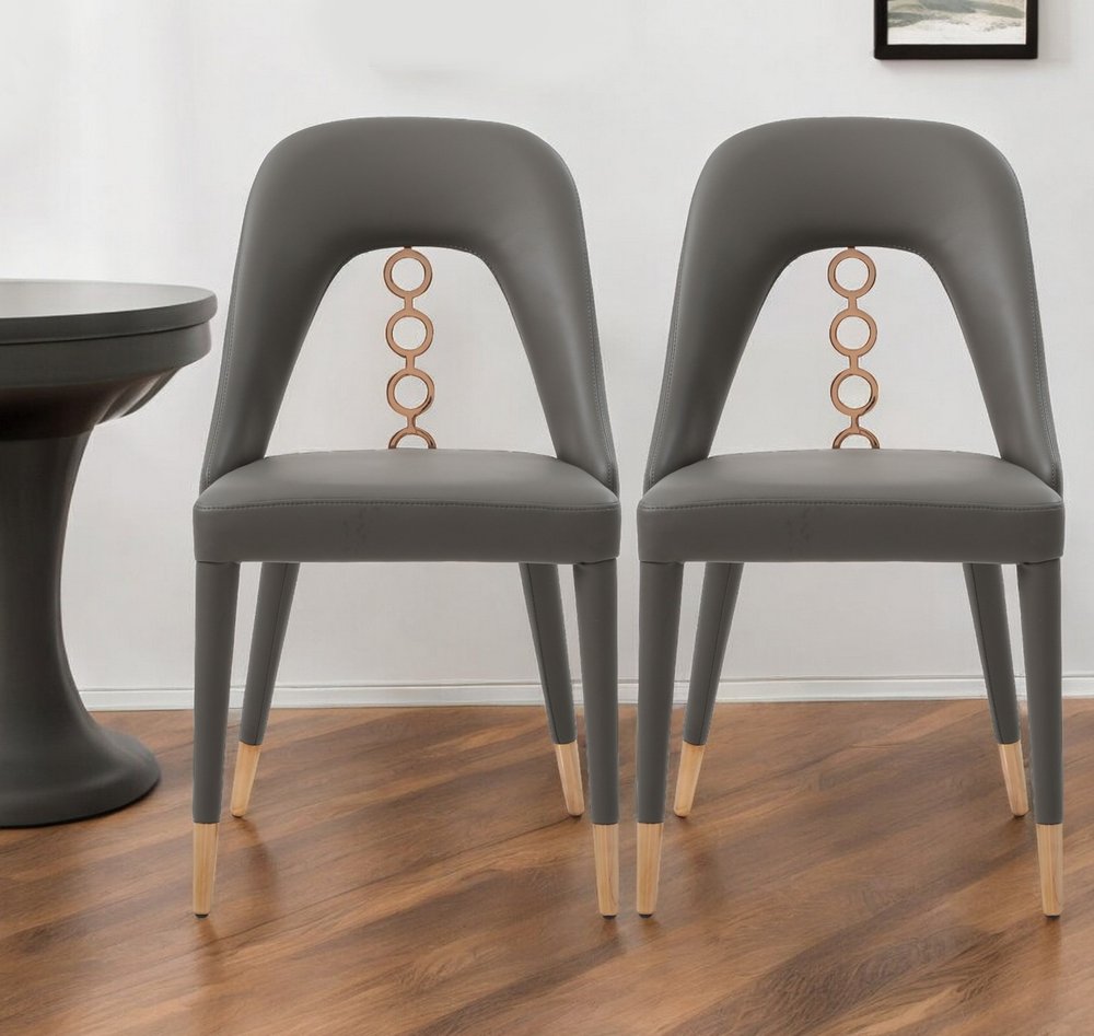 Set of Two Gray Upholstered Faux Leather Dining Side Chairs