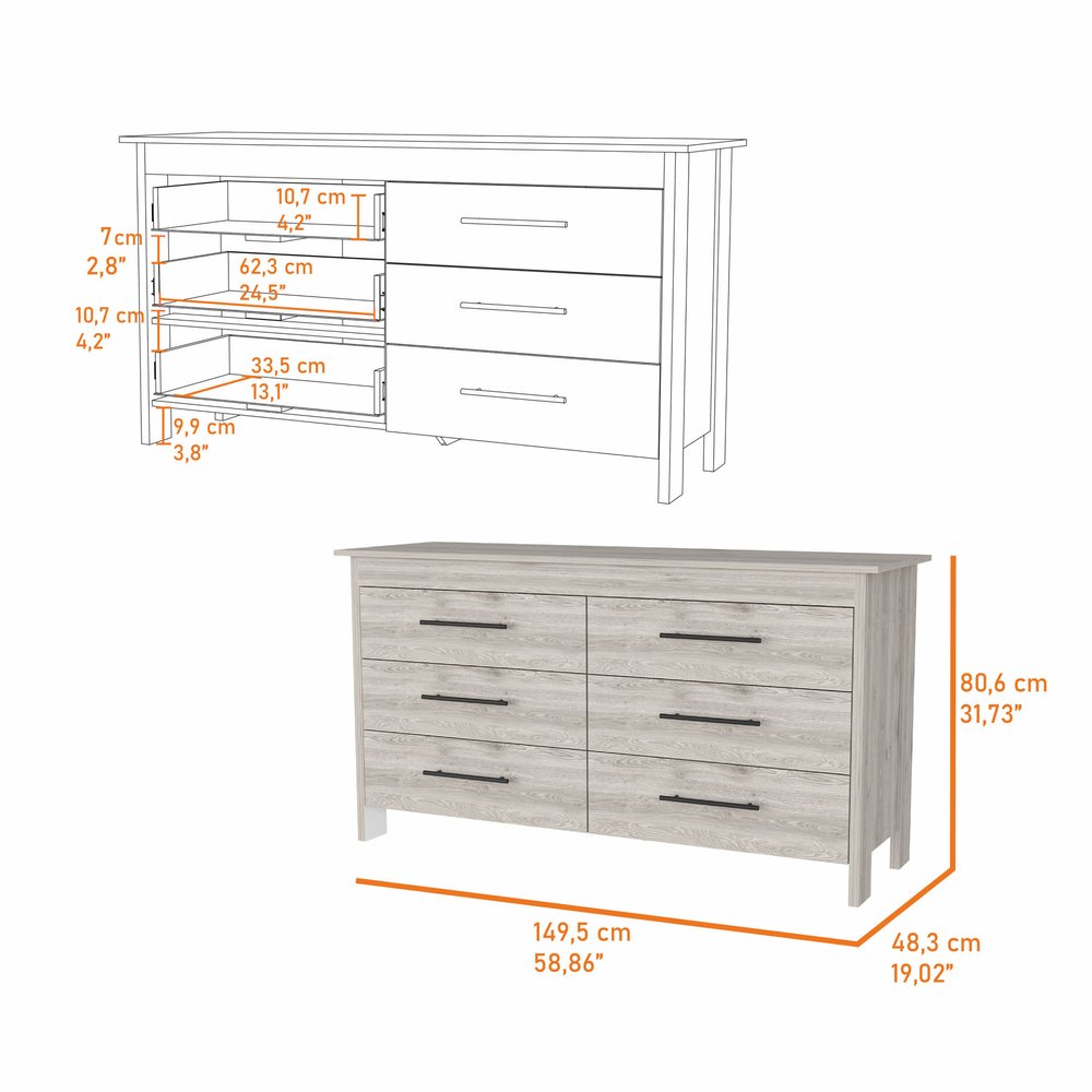 59" Natural and Black Six Drawer Double Dresser