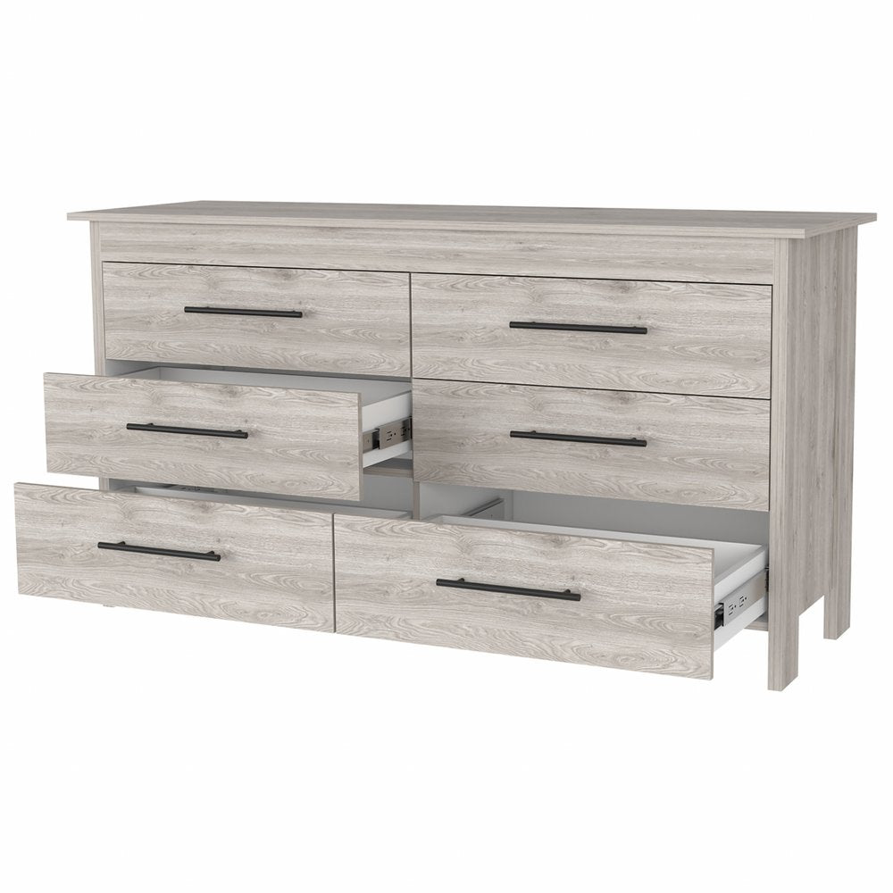 59" Natural and Black Six Drawer Double Dresser