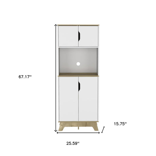 67" Natural And White Wood Four Door Pantry Or Storage Closet