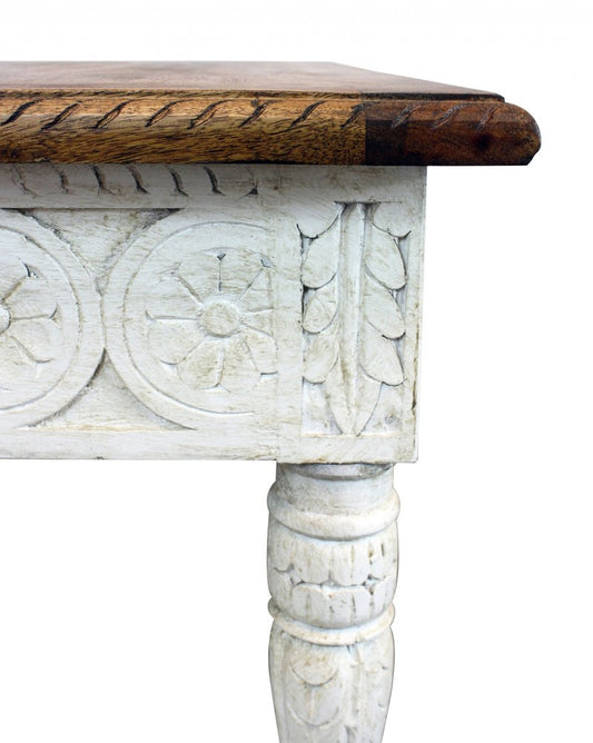 24" Ivory And Brown Distressed Solid Wood Square End Table