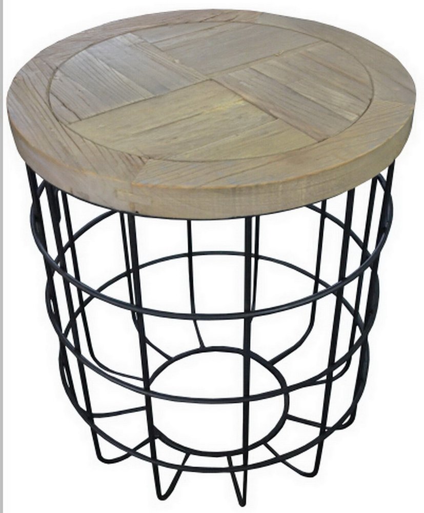 24" Natural and Black Solid Wood and Iron Round Frame End Table