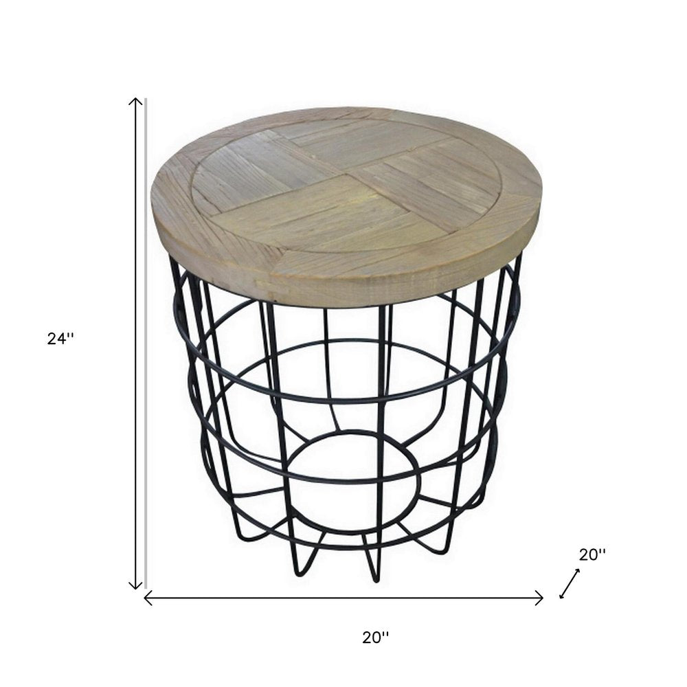 24" Natural and Black Solid Wood and Iron Round Frame End Table