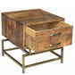 21" Brass And Brown Solid Wood And Iron Square End Table With Drawer