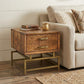 21" Brass And Brown Solid Wood And Iron Square End Table With Drawer
