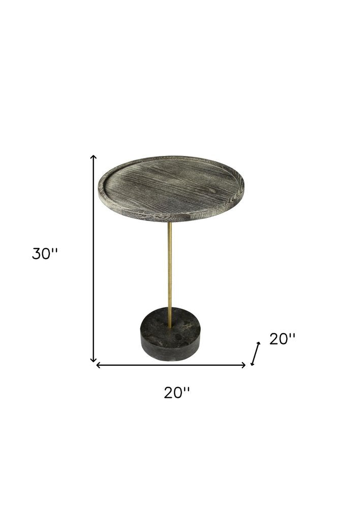 30" Black And Brown Solid Wood And Marble Round End Table