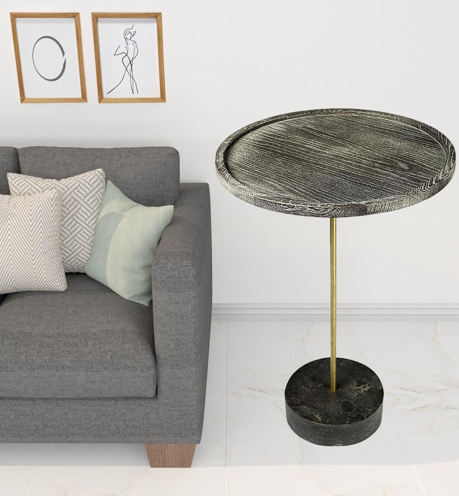 30" Black And Brown Solid Wood And Marble Round End Table