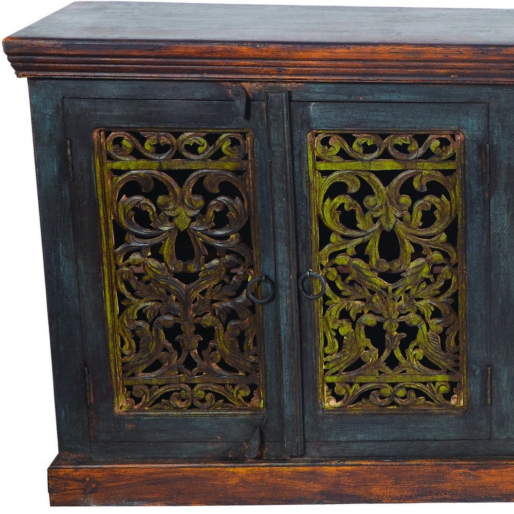 91" Brown Gray and Green Solid Wood Buffet Table with Two Doors