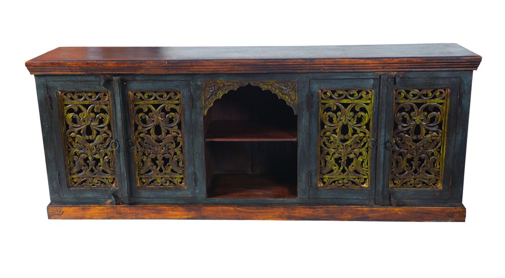 91" Brown Gray and Green Solid Wood Buffet Table with Two Doors