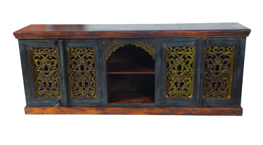 91" Brown Gray and Green Solid Wood Buffet Table with Two Doors