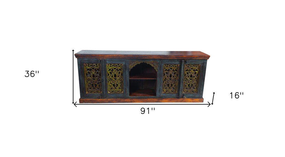 91" Brown Gray and Green Solid Wood Buffet Table with Two Doors