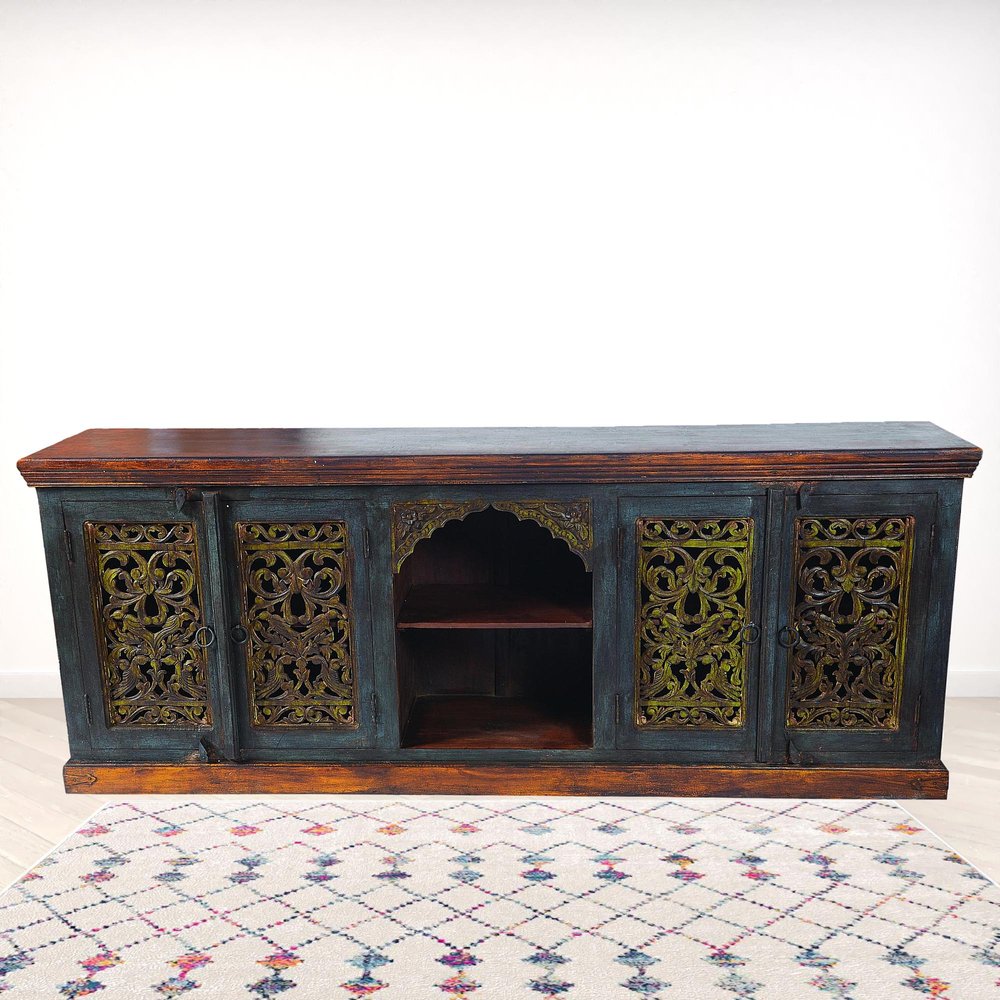 91" Brown Gray and Green Solid Wood Buffet Table with Two Doors