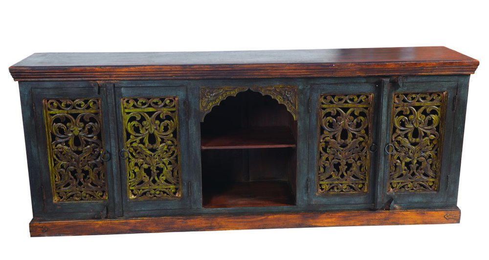 91" Brown Gray and Green Solid Wood Buffet Table with Two Doors