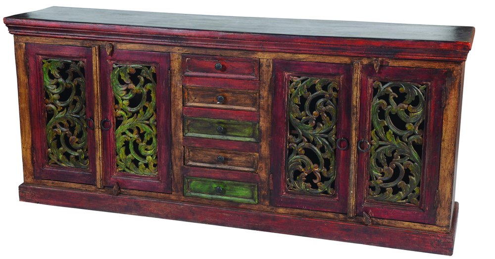 84" Brown Gray and Green Solid Wood Five Drawer Buffet Table with Four Doors