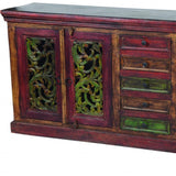 84" Brown Gray and Green Solid Wood Five Drawer Buffet Table with Four Doors