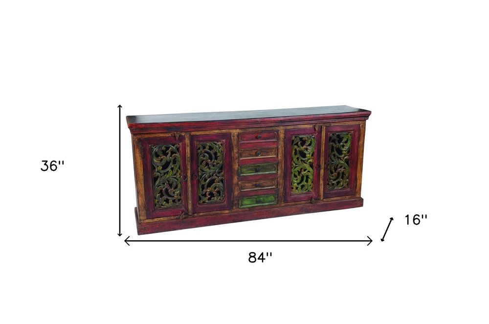 84" Brown Gray and Green Solid Wood Five Drawer Buffet Table with Four Doors