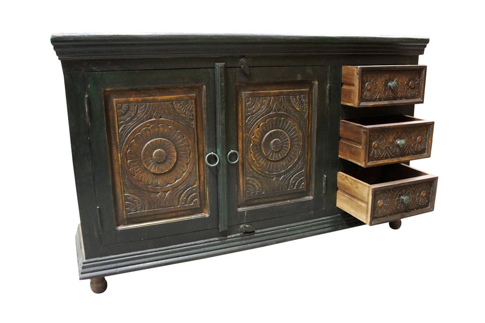 60" Dark Brown and Green Solid Wood Three Drawer Buffet Table with Two Doors