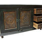60" Dark Brown and Green Solid Wood Three Drawer Buffet Table with Two Doors