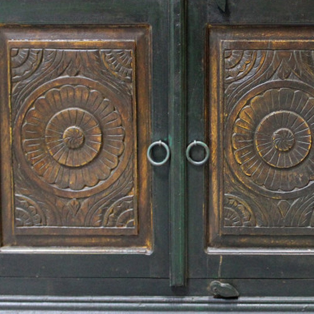 60" Dark Brown and Green Solid Wood Three Drawer Buffet Table with Two Doors