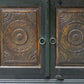 60" Dark Brown and Green Solid Wood Three Drawer Buffet Table with Two Doors