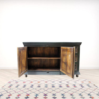 60" Dark Brown and Green Solid Wood Three Drawer Buffet Table with Two Doors