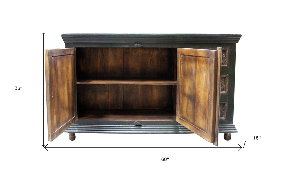 60" Dark Brown and Green Solid Wood Three Drawer Buffet Table with Two Doors