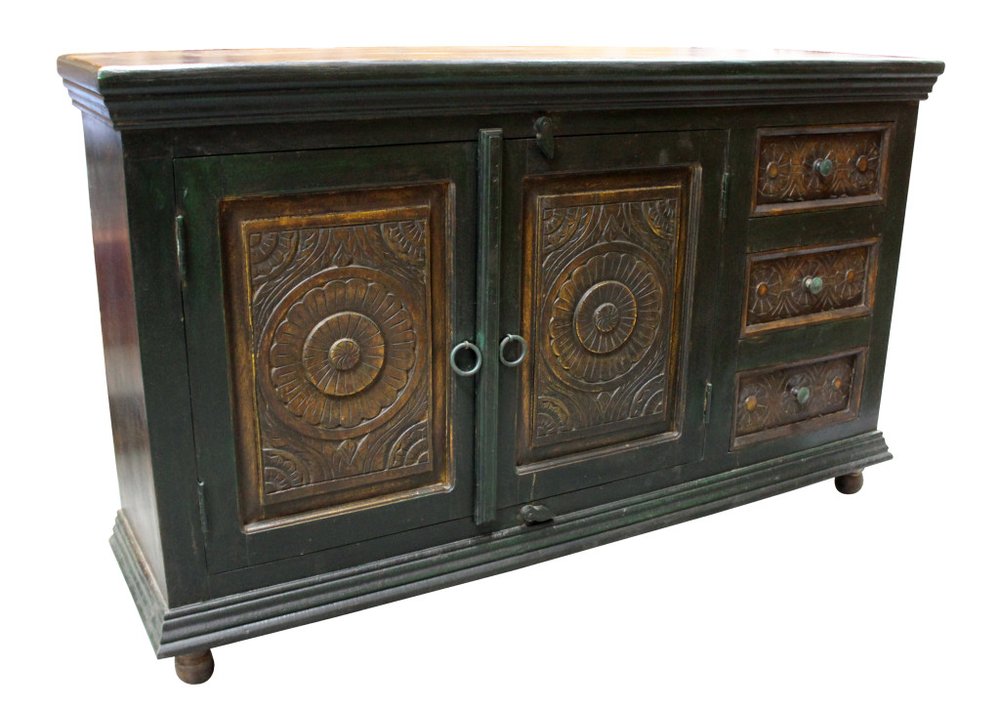 60" Dark Brown and Green Solid Wood Three Drawer Buffet Table with Two Doors