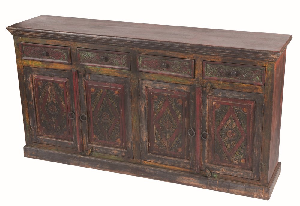 72" Dark Brown and Green Solid Wood Four Drawer Sideboard with Four Doors