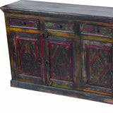 72" Dark Brown and Green Solid Wood Four Drawer Sideboard with Four Doors