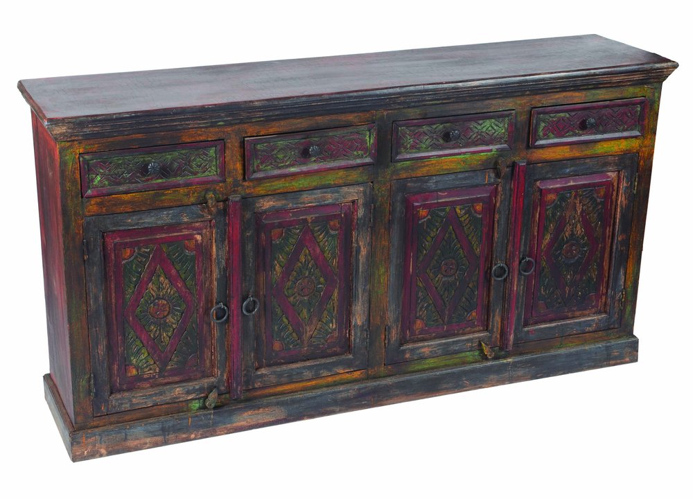 72" Dark Brown and Green Solid Wood Four Drawer Sideboard with Four Doors