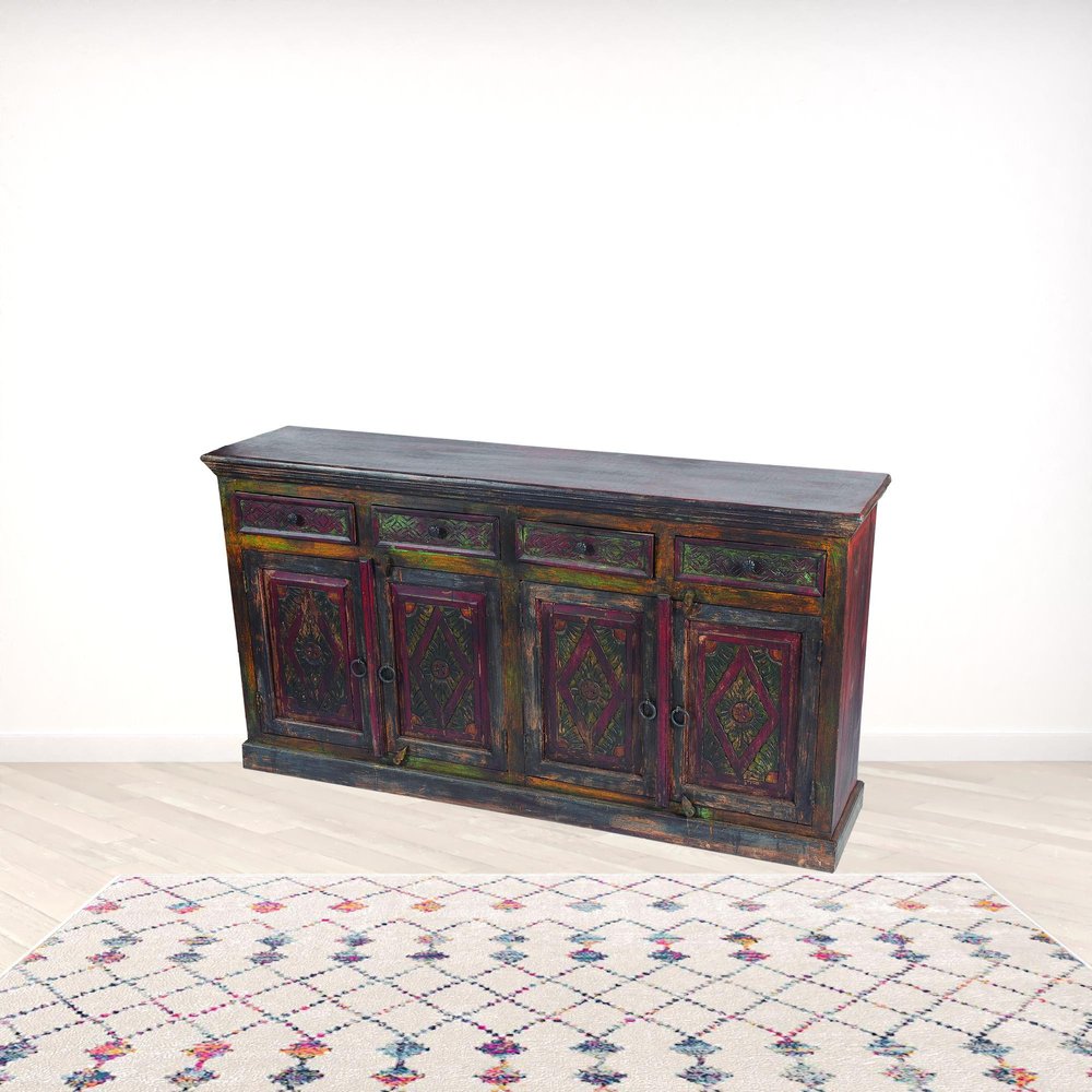 72" Dark Brown and Green Solid Wood Four Drawer Sideboard with Four Doors
